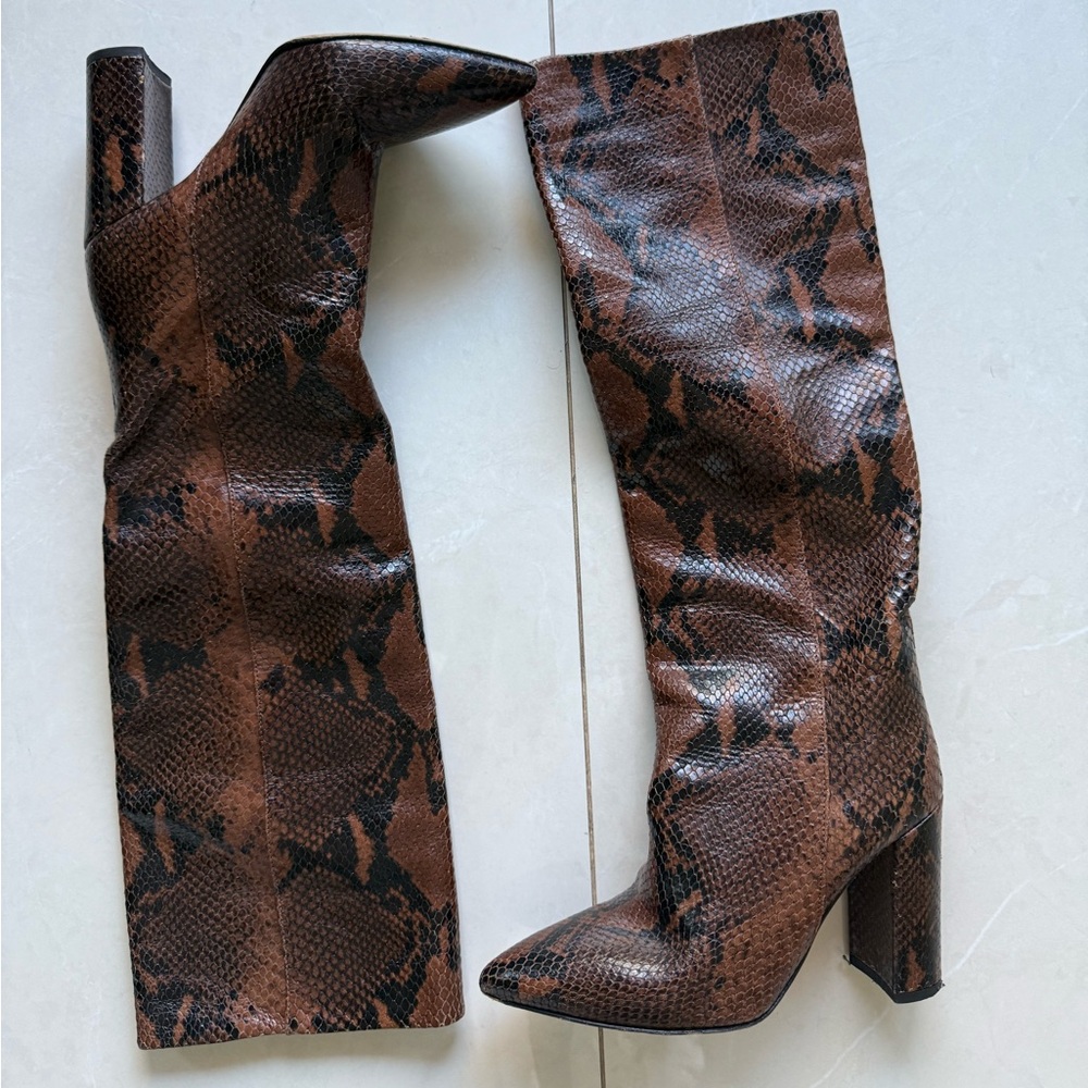 Paris Texas Brown Snakeskin Heeled Knee High Boots